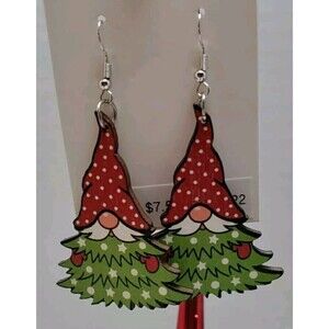 Wooden Gnome Tree Dangle Earrings 2.5"